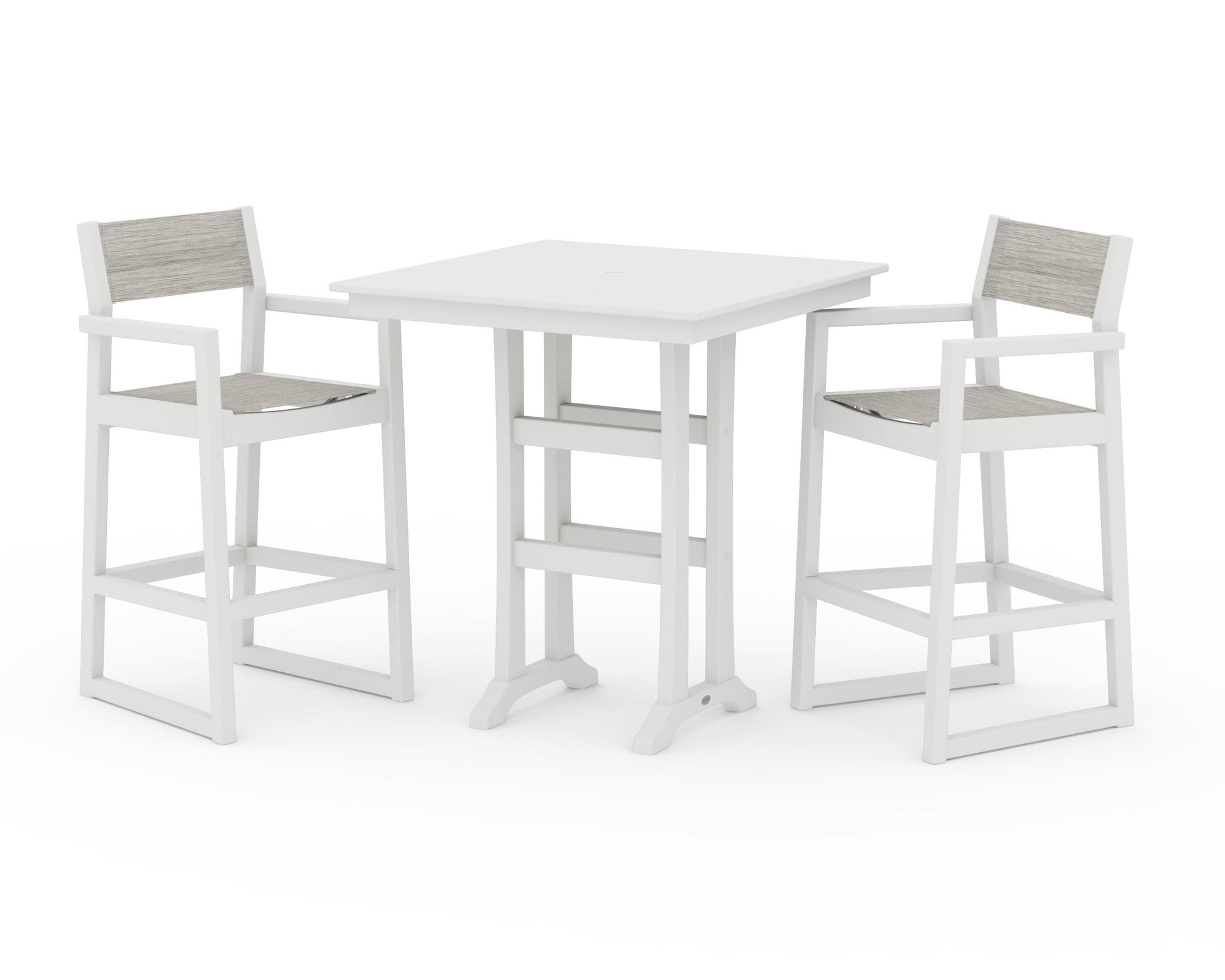 POLYWOOD EDGE Sling Arm Chair 3-Piece Farmhouse Bar Set with Trestle Legs — Vintage White / Birch Sling