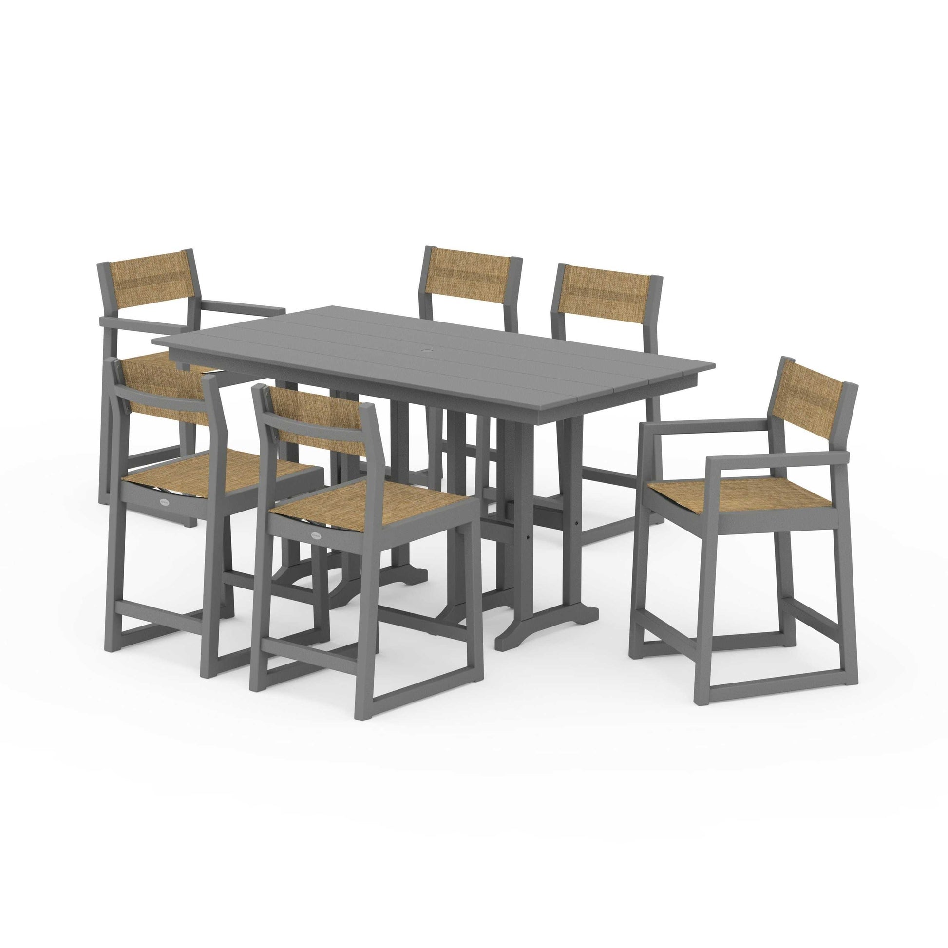 POLYWOOD EDGE Sling 7-Piece Farmhouse Counter Set with Trestle Legs — Slate Grey / Burlap Sling