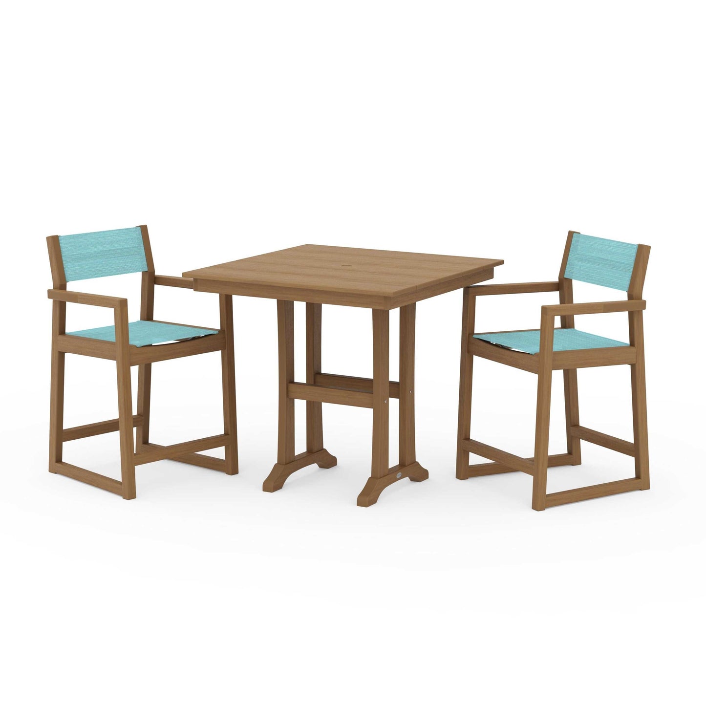 POLYWOOD EDGE Sling Arm Chair 3-Piece Farmhouse Counter Set with Trestle Legs — Natural / Dupioni Aquamarine Sling