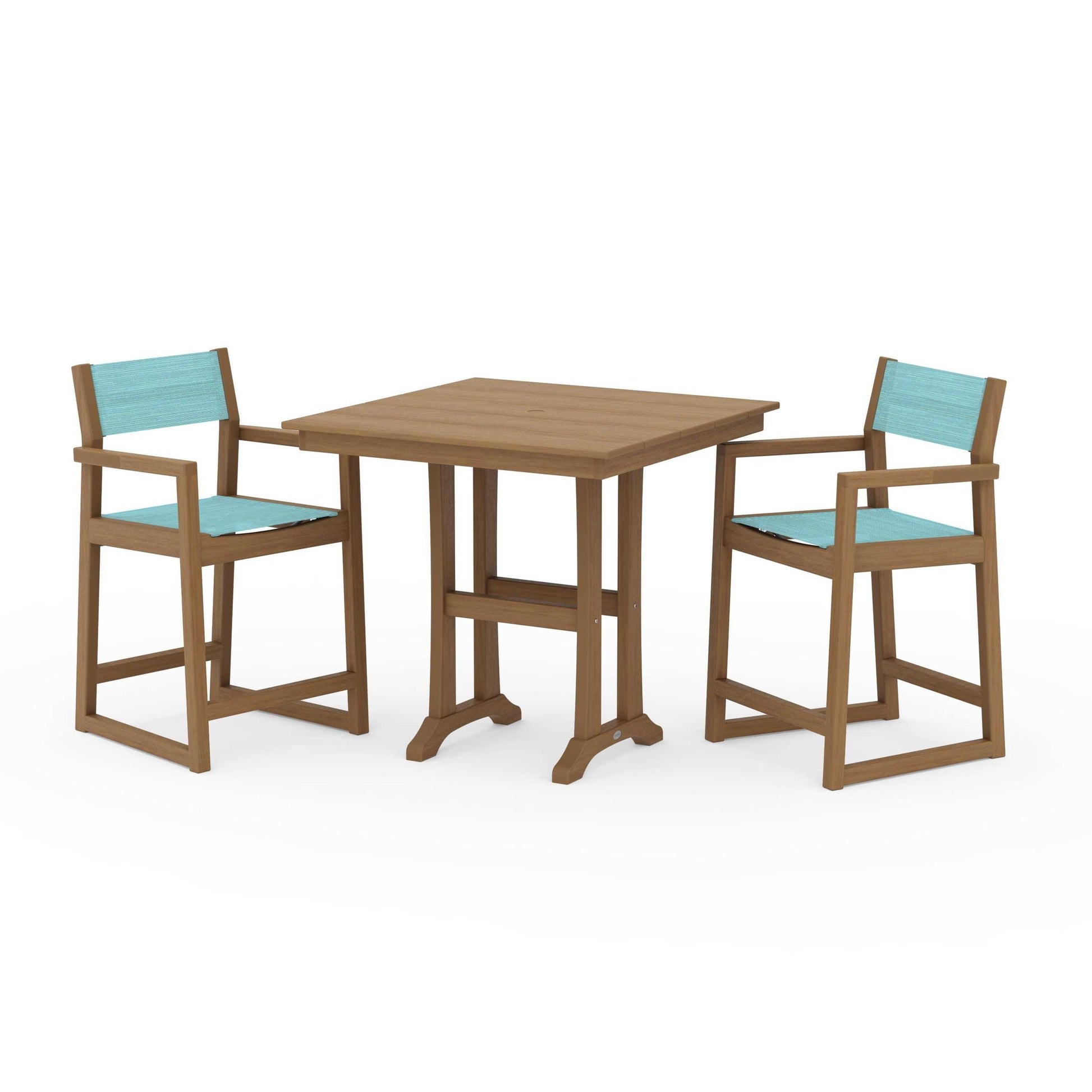 POLYWOOD EDGE Sling Arm Chair 3-Piece Farmhouse Counter Set with Trestle Legs — Natural / Dupioni Aquamarine Sling
