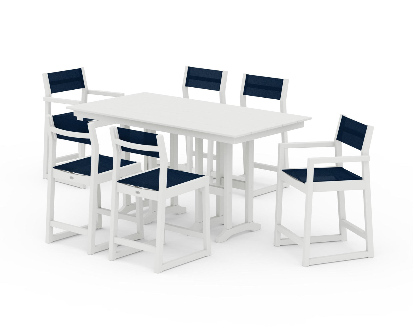 POLYWOOD EDGE Sling 7-Piece Farmhouse Counter Set with Trestle Legs — Vintage White / Navy Blue Sling