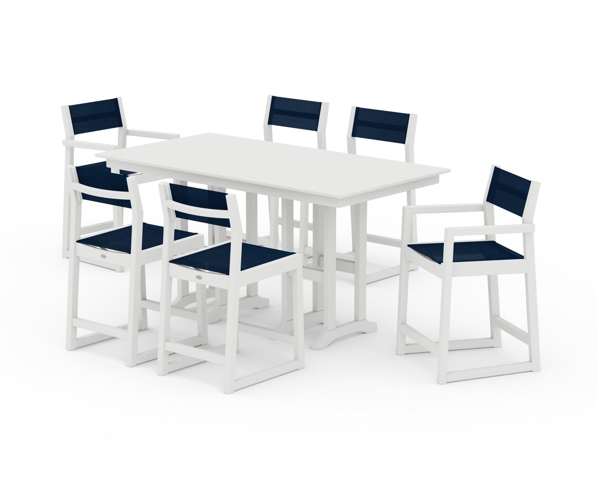 POLYWOOD EDGE Sling 7-Piece Farmhouse Counter Set with Trestle Legs — Vintage White / Navy Blue Sling