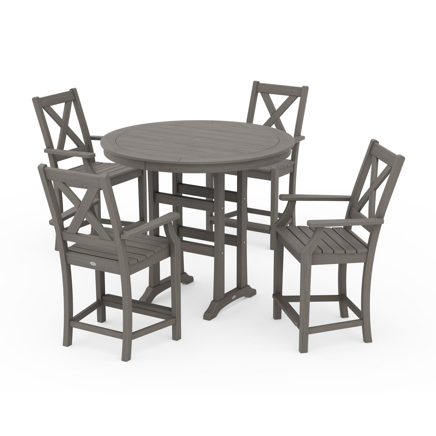 POLYWOOD Braxton 5-Piece Nautical Trestle Arm Chair Counter Set — Driftwood