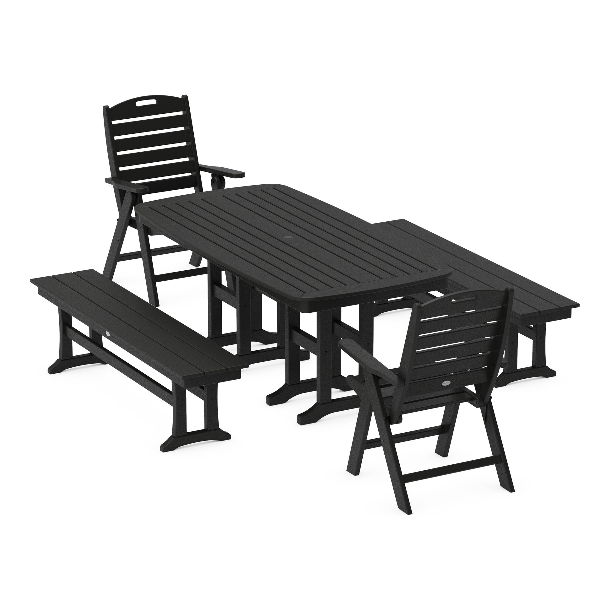 POLYWOOD Nautical Highback 5-Piece Dining Set with Benches — Black
