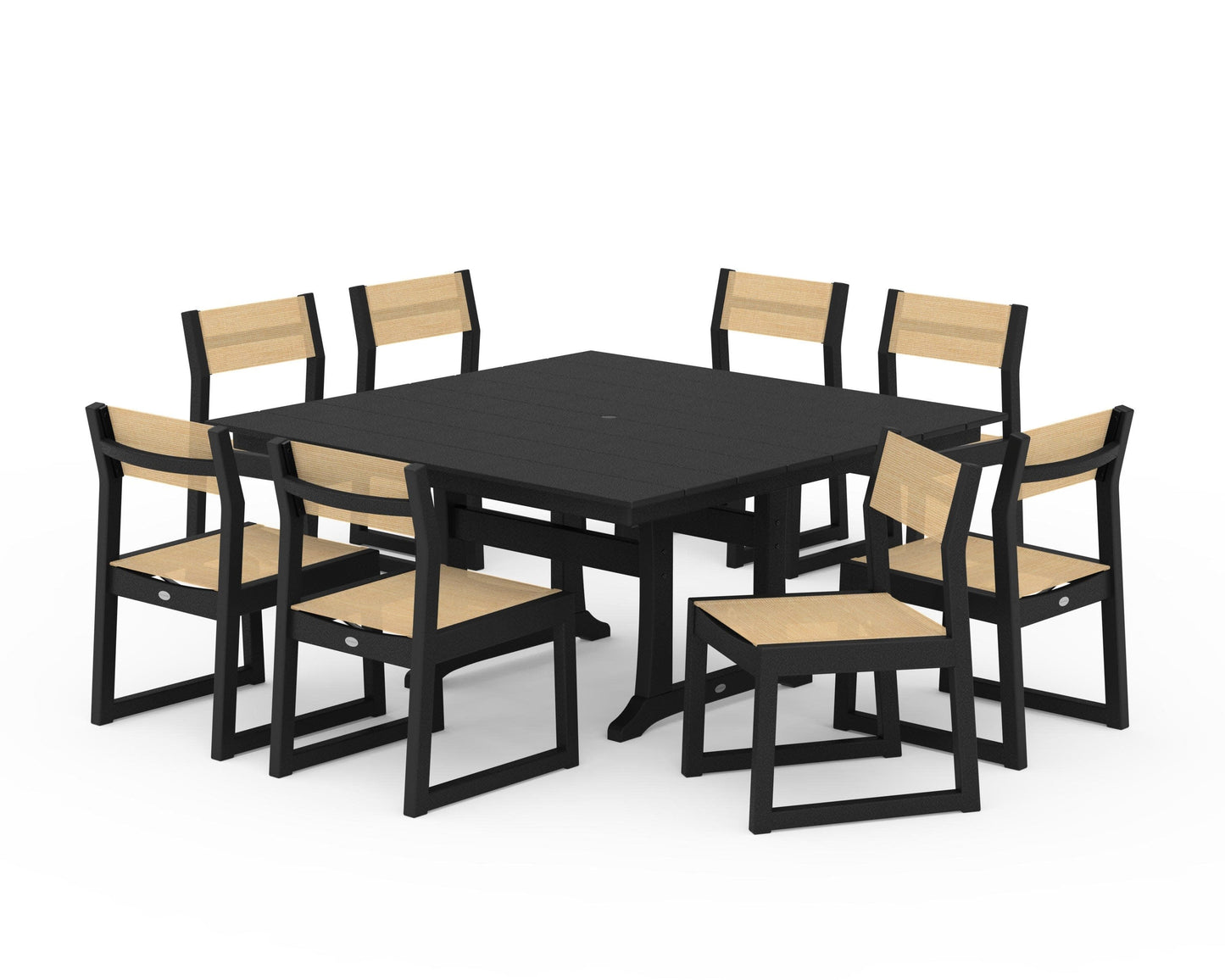 POLYWOOD EDGE Sling Side Chair 9-Piece Farmhouse Trestle Dining Set — Black / Dupioni Apricot Sling
