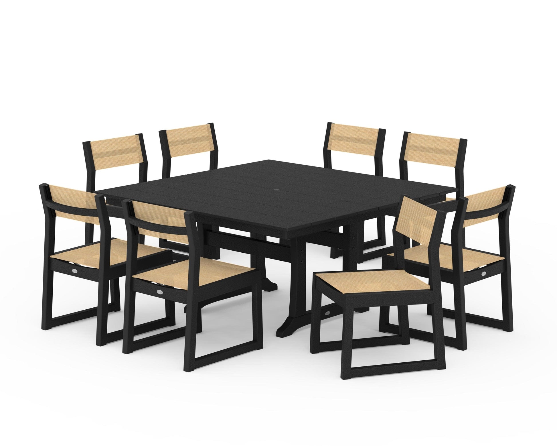 POLYWOOD EDGE Sling Side Chair 9-Piece Farmhouse Trestle Dining Set — Black / Dupioni Apricot Sling