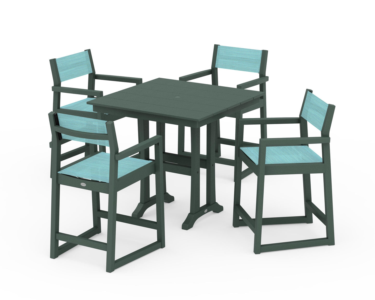 POLYWOOD EDGE Sling Arm Chair 5-Piece Farmhouse Counter Set with Trestle Legs — Green / Dupioni Aquamarine Sling