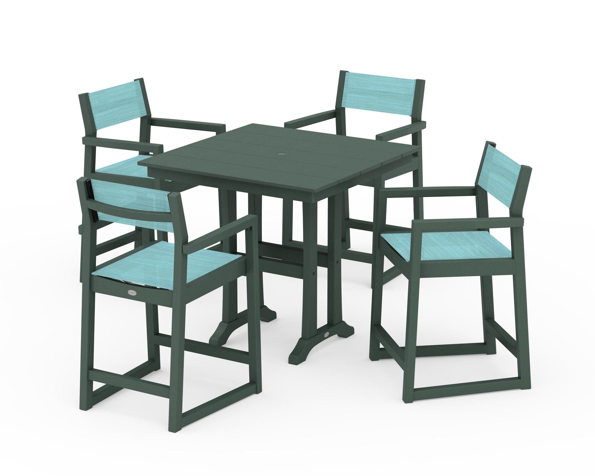 POLYWOOD EDGE Sling Arm Chair 5-Piece Farmhouse Counter Set with Trestle Legs — Green / Dupioni Aquamarine Sling