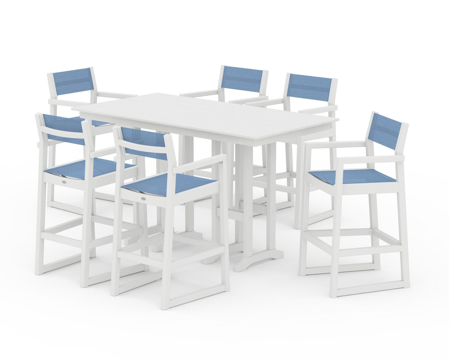 POLYWOOD EDGE Sling Arm Chair 7-Piece Farmhouse Bar Set — White / Poolside Sling