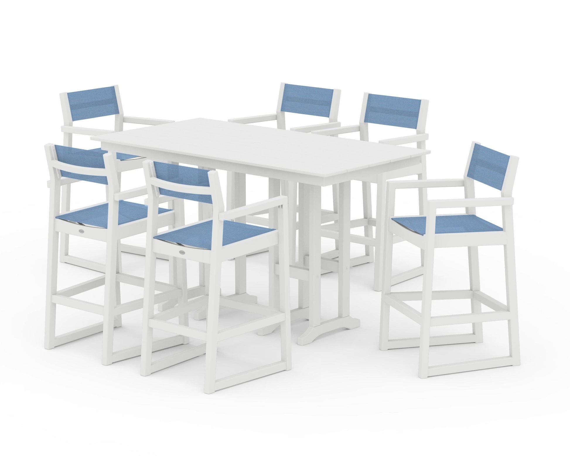 POLYWOOD EDGE Sling Arm Chair 7-Piece Farmhouse Bar Set — White / Poolside Sling