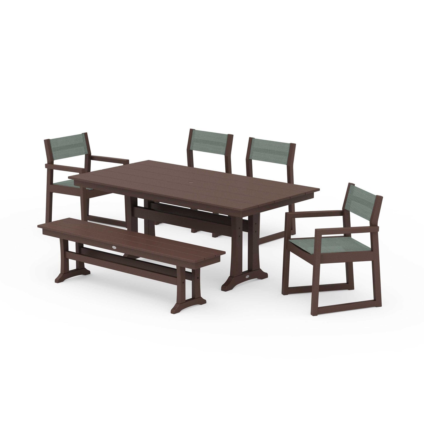 POLYWOOD EDGE Sling 6-Piece Farmhouse Dining Set With Trestle Legs — Mahogany / Dupioni Sea Mist Sling