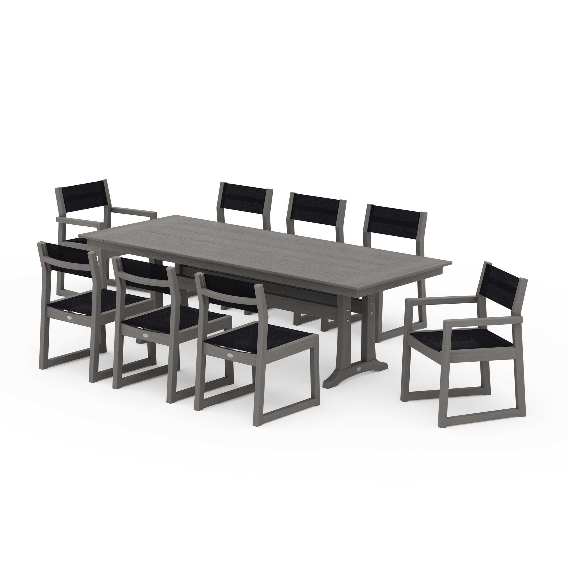 POLYWOOD EDGE Sling 9-Piece Farmhouse Trestle Dining Set — Driftwood / Black Sling