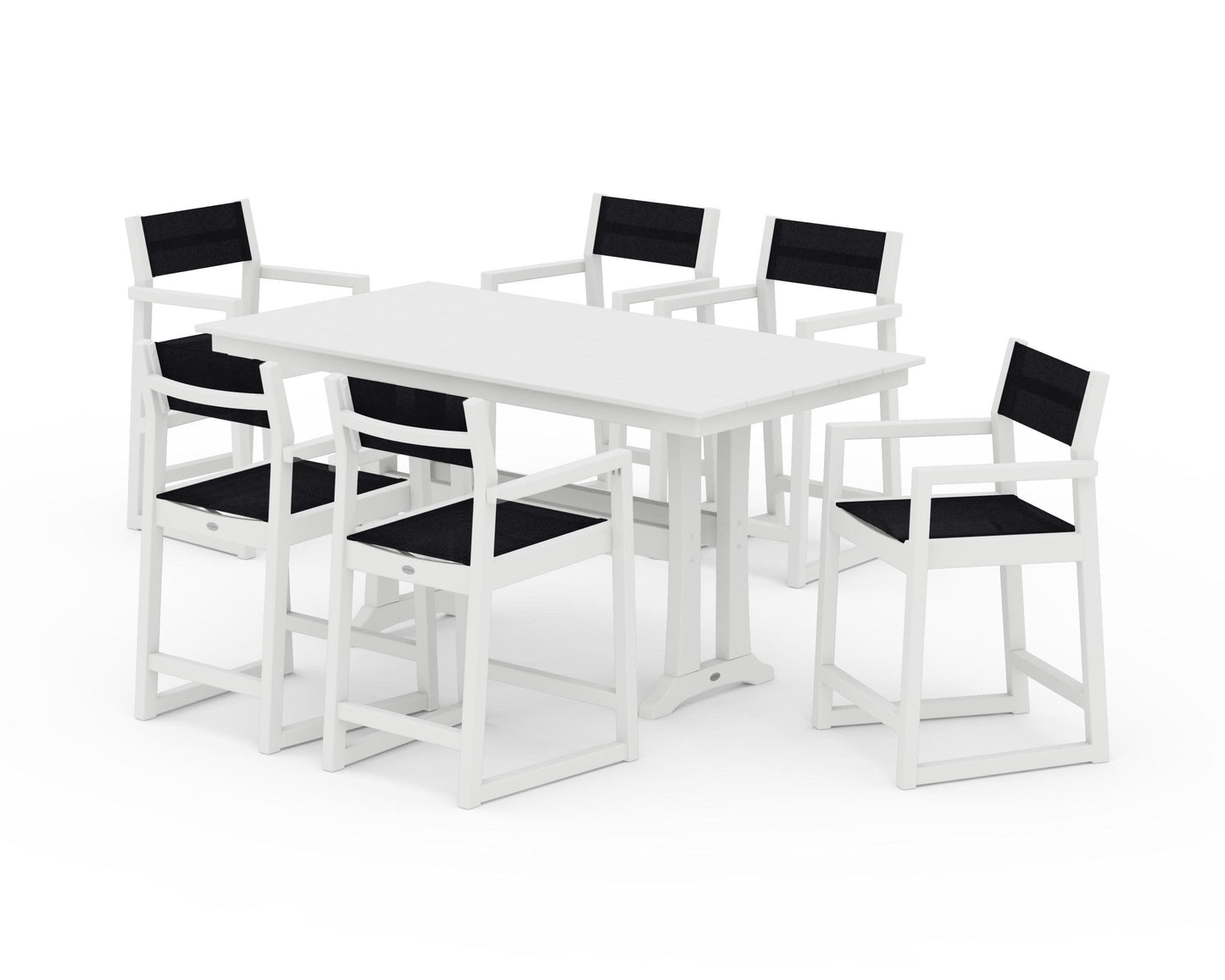 POLYWOOD EDGE Sling Arm Chair 7-Piece Farmhouse Counter Set with Trestle Legs — White / Black Sling