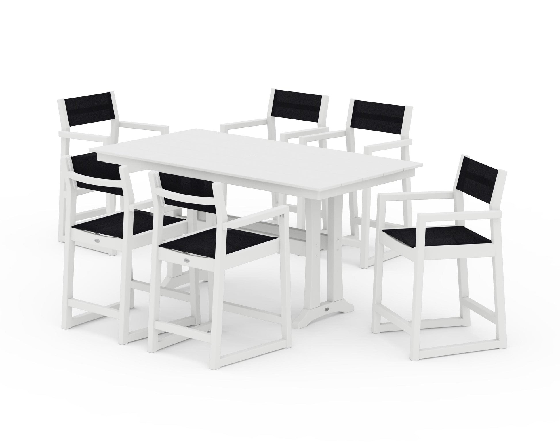 POLYWOOD EDGE Sling Arm Chair 7-Piece Farmhouse Counter Set with Trestle Legs — White / Black Sling