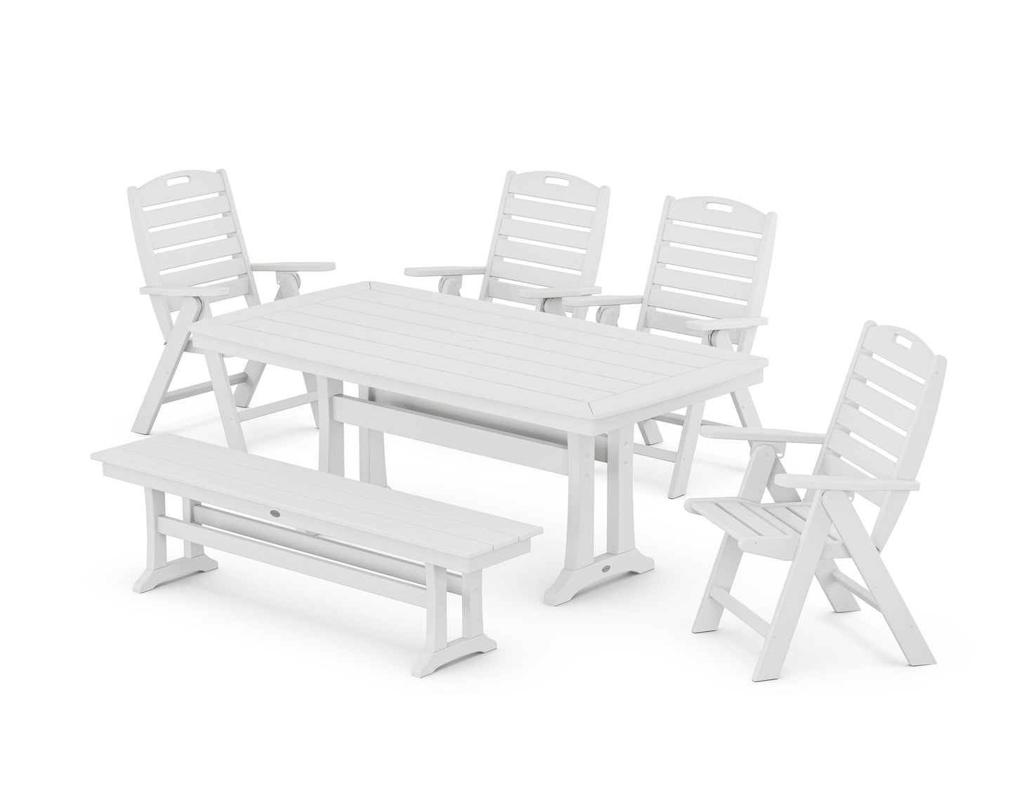 POLYWOOD Nautical Highback 6-Piece Dining Set with Trestle Legs and Bench — White