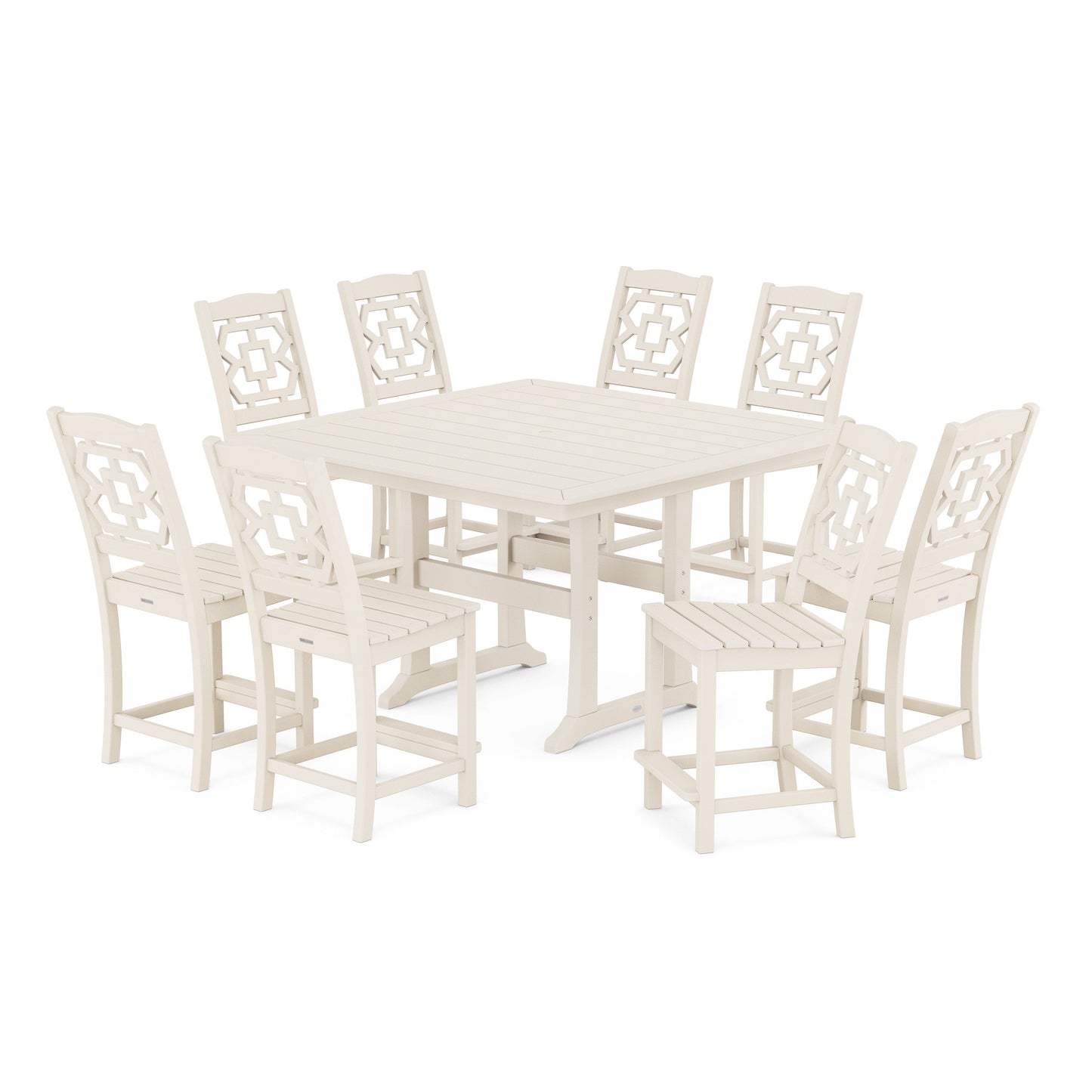 POLYWOOD Chinoiserie 9-Piece Square Side Chair Counter Set with Trestle Legs — Sand