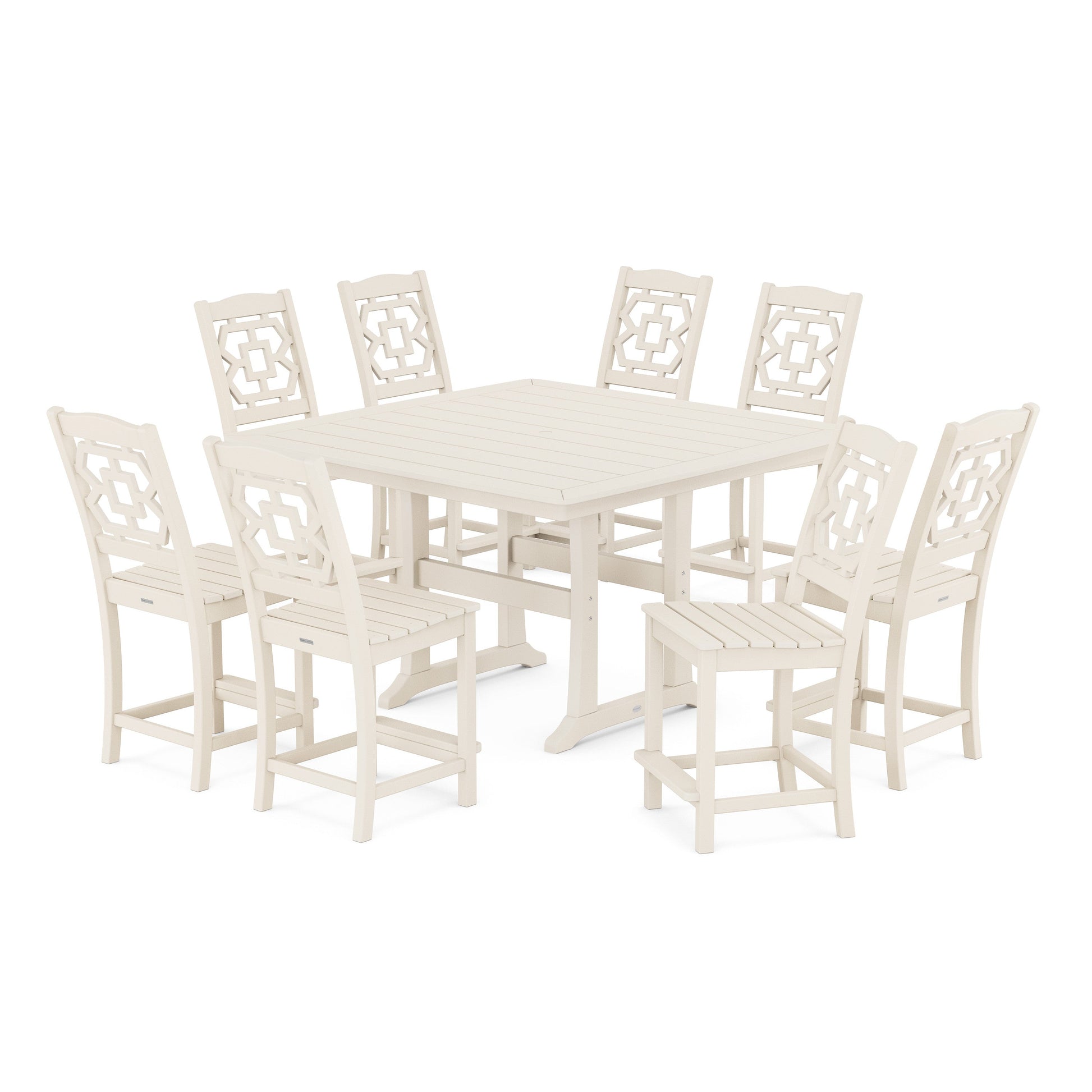 POLYWOOD Chinoiserie 9-Piece Square Side Chair Counter Set with Trestle Legs — Sand