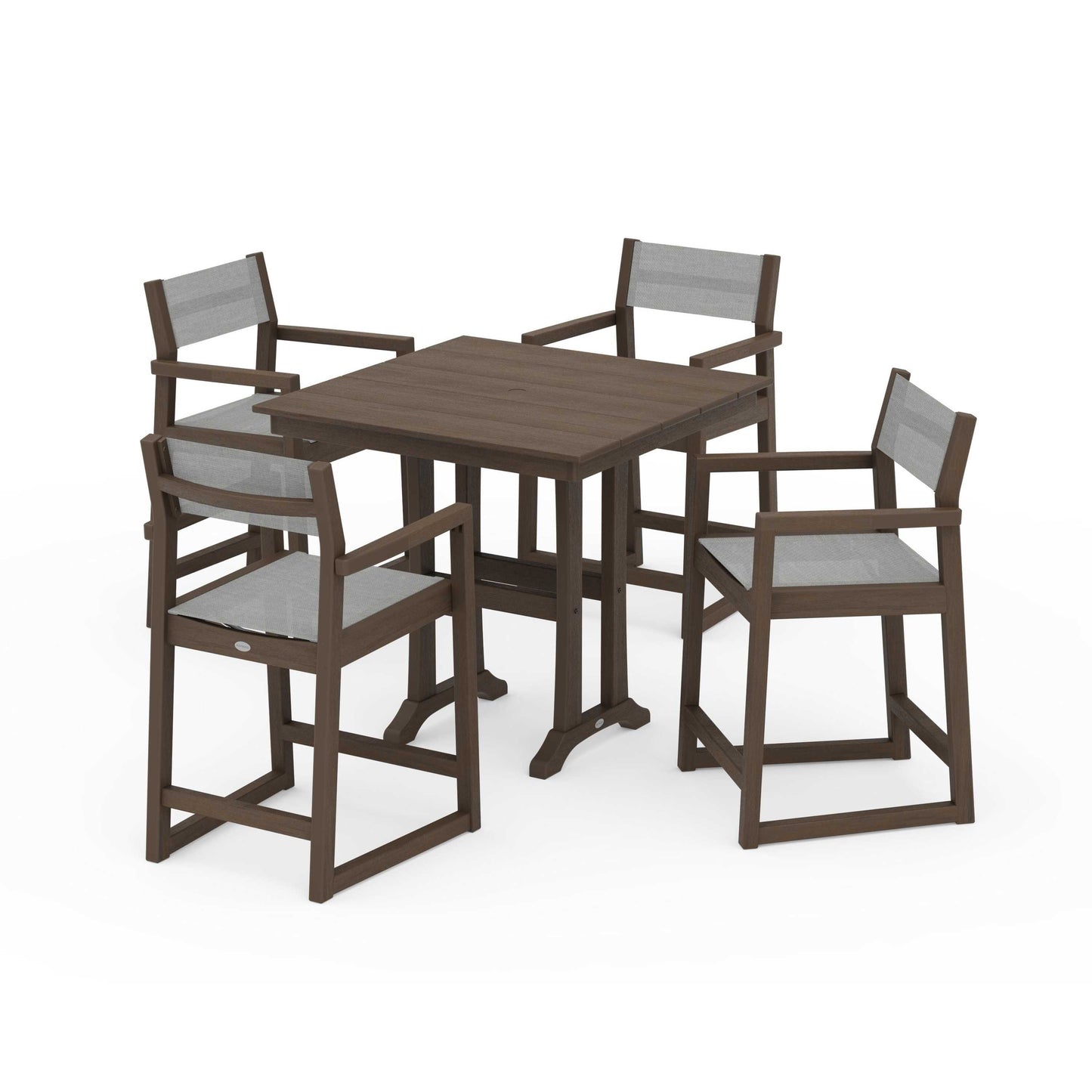 POLYWOOD EDGE Sling Arm Chair 5-Piece Farmhouse Counter Set with Trestle Legs — Kona / Metallic Sling
