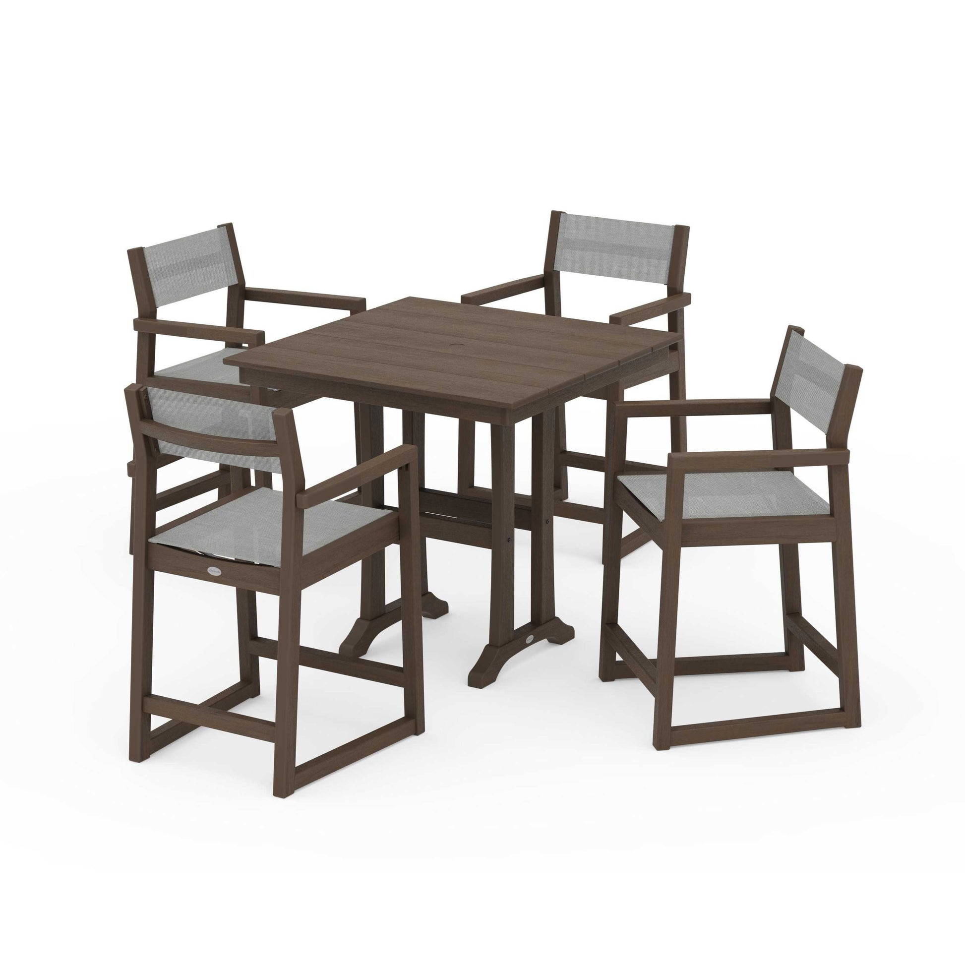 POLYWOOD EDGE Sling Arm Chair 5-Piece Farmhouse Counter Set with Trestle Legs — Kona / Metallic Sling