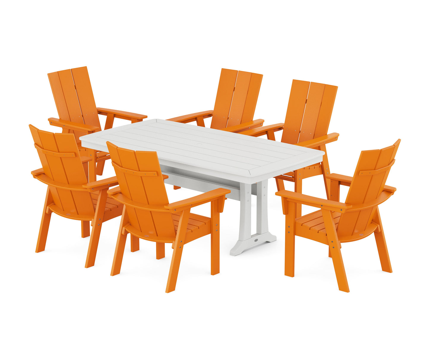 POLYWOOD Modern Curveback Adirondack 7-Piece Dining Set with Trestle Legs — Tangerine / White