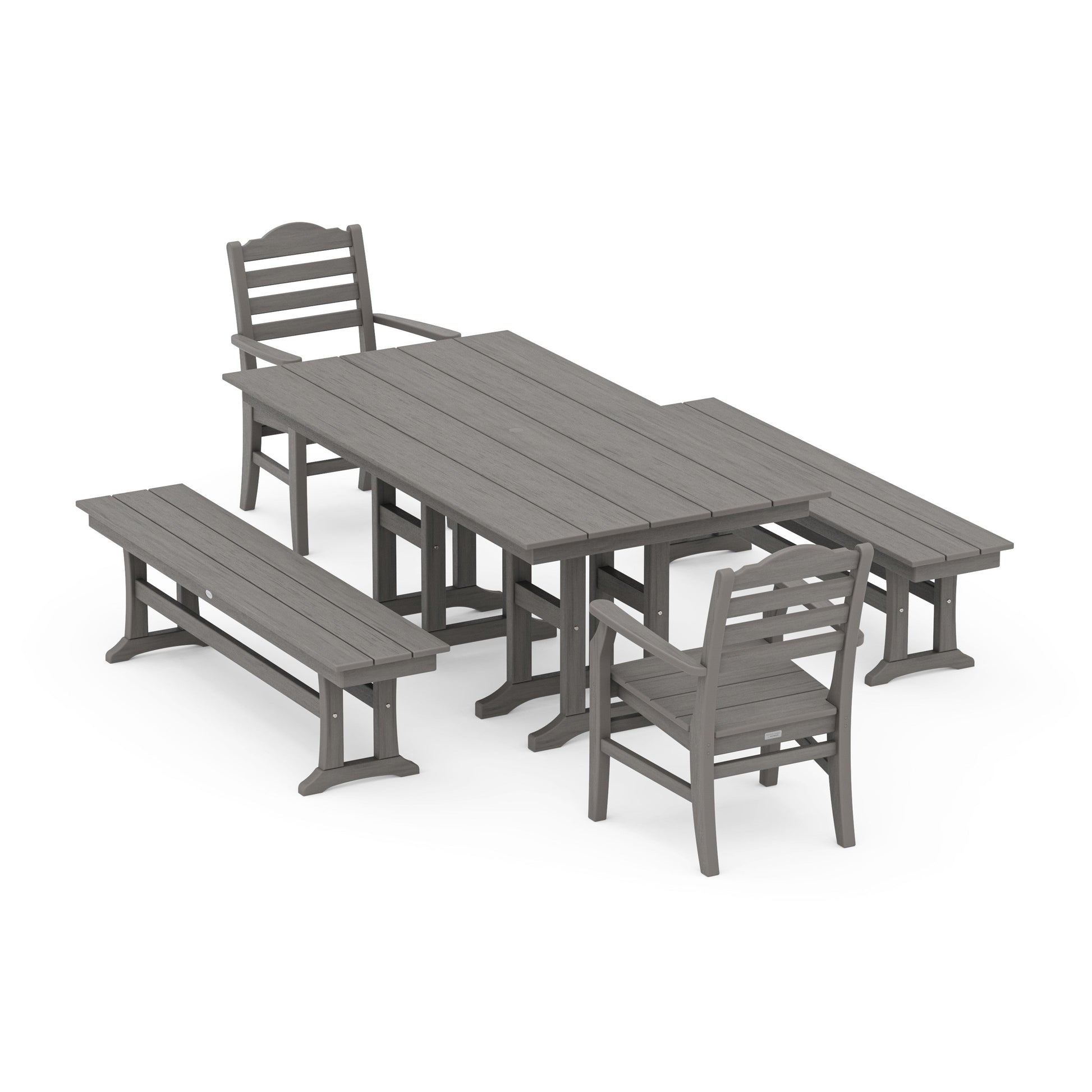 POLYWOOD Savannah 5-Piece Farmhouse Dining Set with Benches — Driftwood