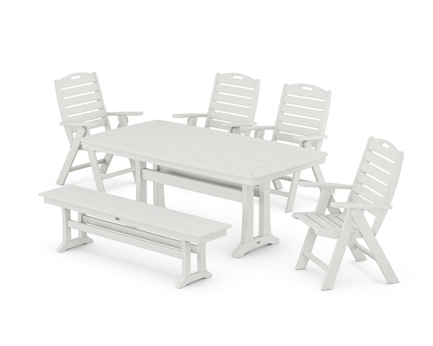 POLYWOOD Nautical Highback 6-Piece Dining Set with Trestle Legs and Bench — Vintage White