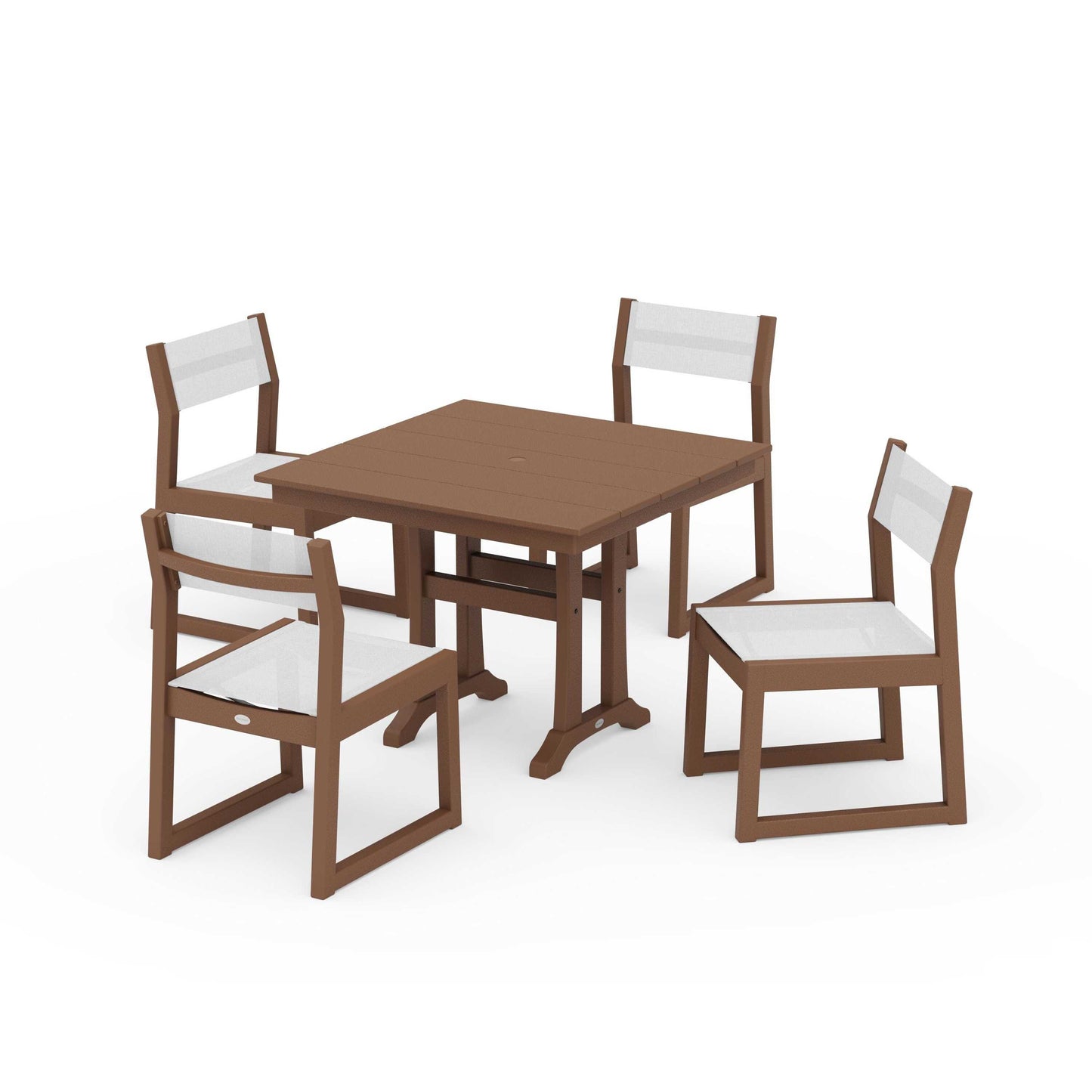 POLYWOOD EDGE Sling 5-Piece Farmhouse Trestle Side Chair Dining Set — Teak / White Sling