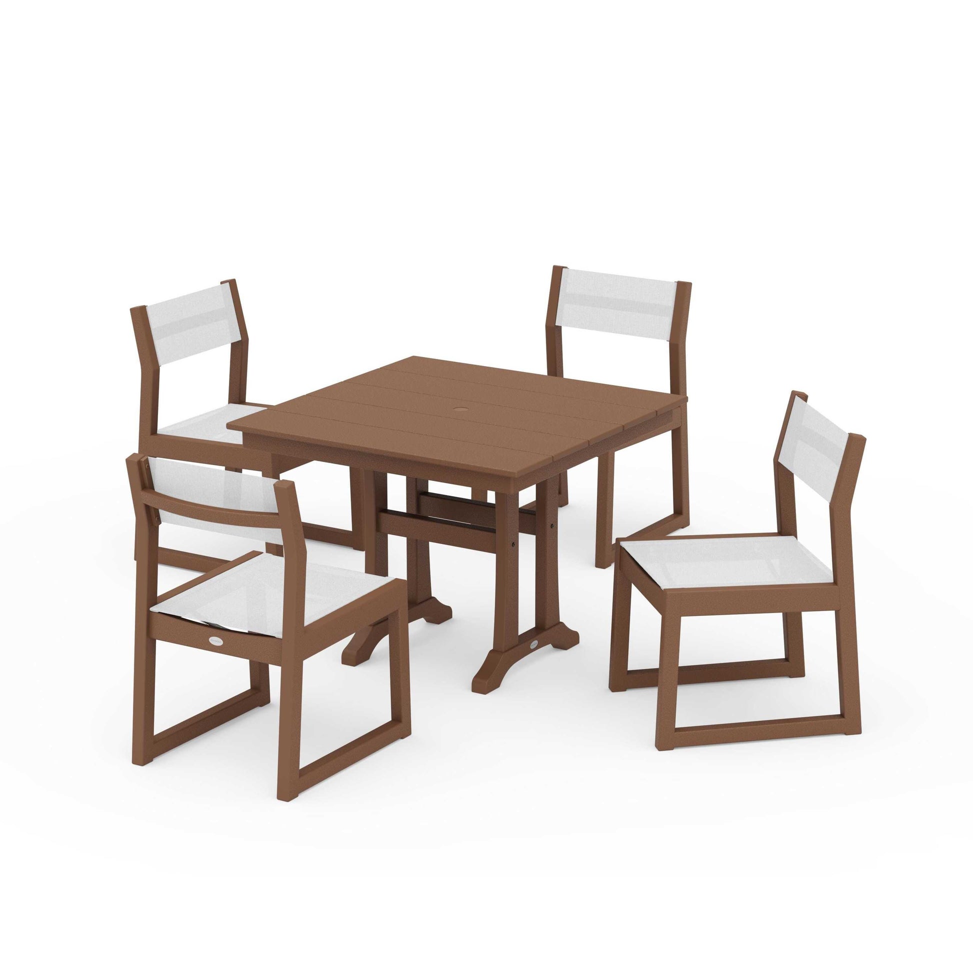 POLYWOOD EDGE Sling 5-Piece Farmhouse Trestle Side Chair Dining Set — Teak / White Sling