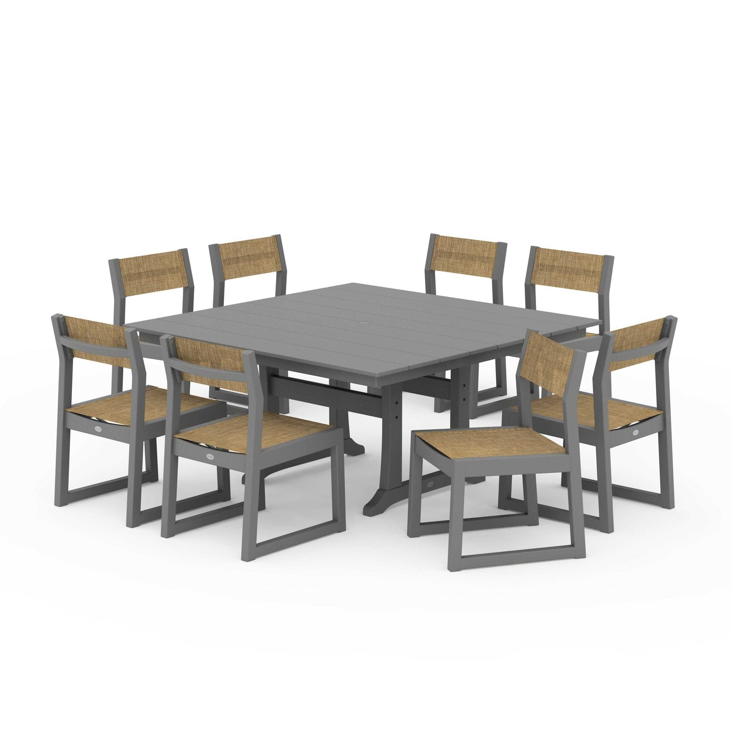 POLYWOOD EDGE Sling Side Chair 9-Piece Farmhouse Trestle Dining Set — Slate Grey / Burlap Sling