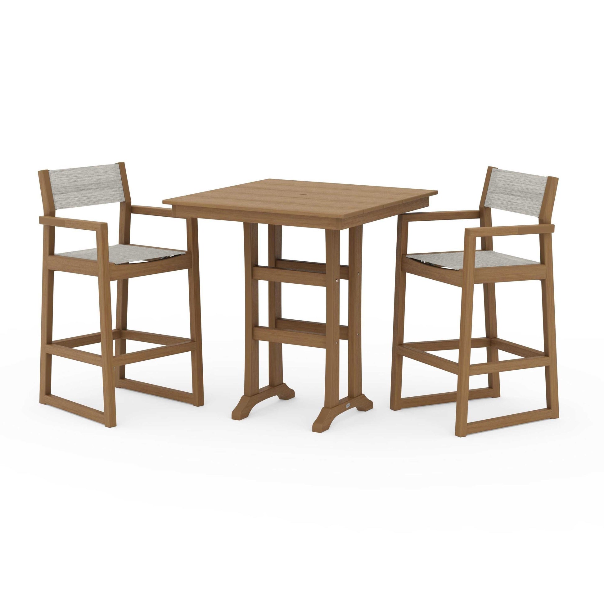 POLYWOOD EDGE Sling Arm Chair 3-Piece Farmhouse Bar Set with Trestle Legs — Natural / Birch Sling