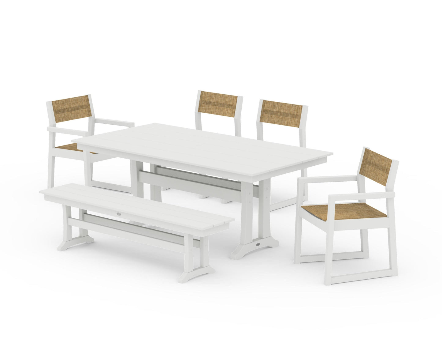 POLYWOOD EDGE Sling 6-Piece Farmhouse Dining Set With Trestle Legs — Vintage White / Burlap Sling