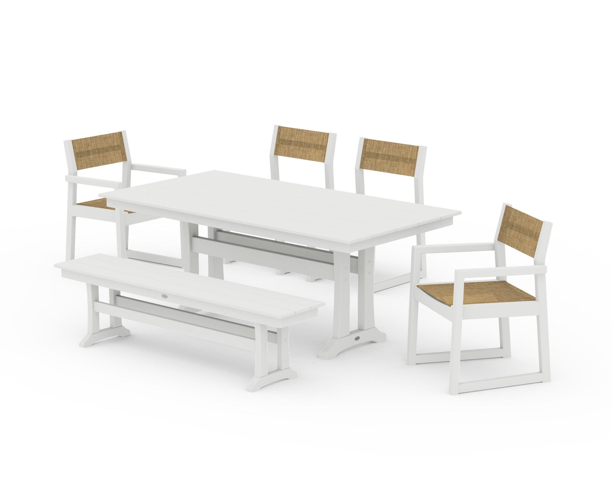 POLYWOOD EDGE Sling 6-Piece Farmhouse Dining Set With Trestle Legs — Vintage White / Burlap Sling