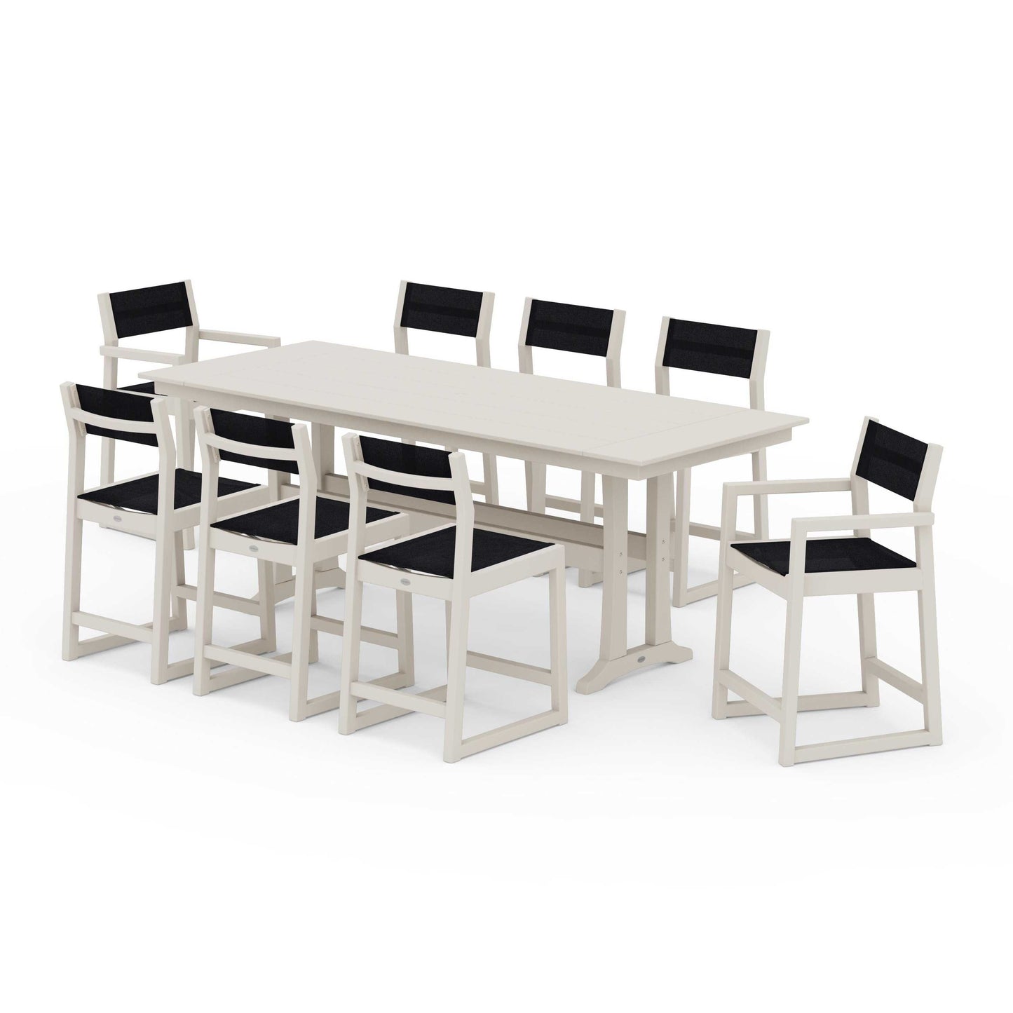 POLYWOOD EDGE Sling 9-Piece Farmhouse Counter Set with Trestle Legs — Sand / Black Sling