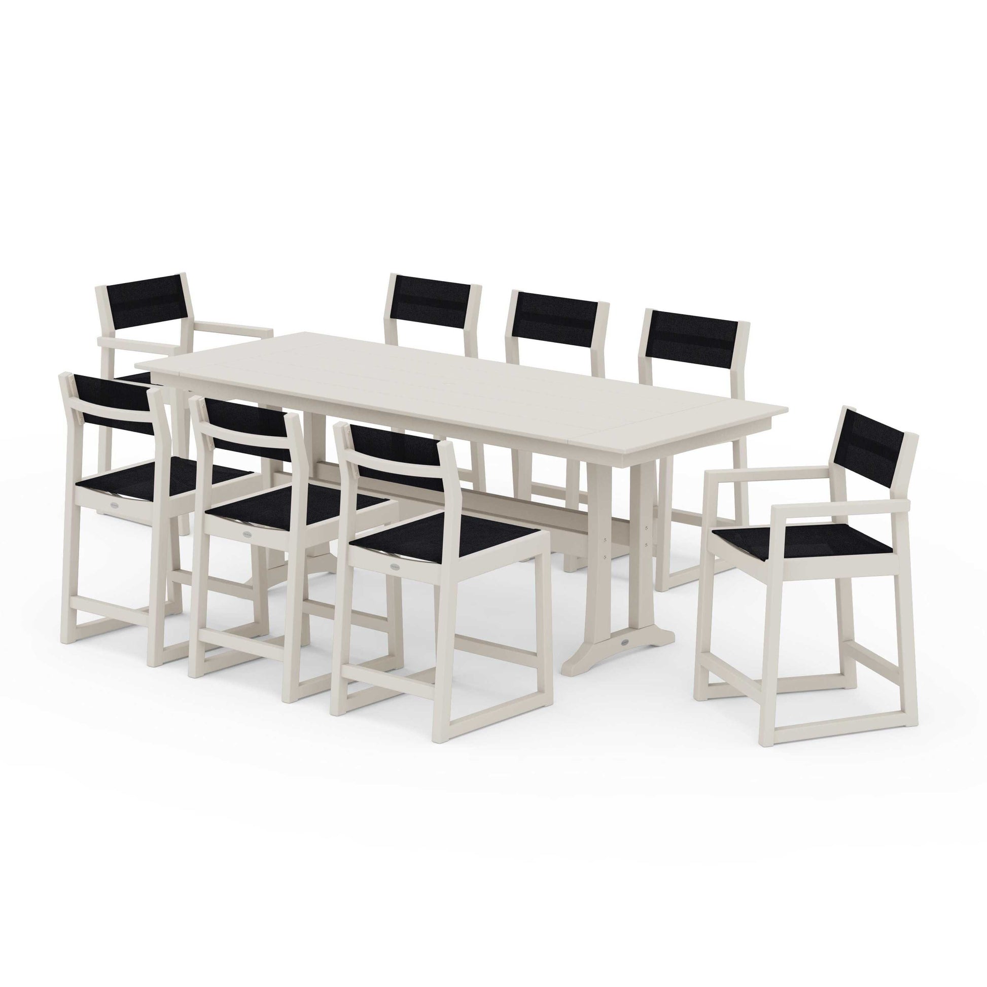 POLYWOOD EDGE Sling 9-Piece Farmhouse Counter Set with Trestle Legs — Sand / Black Sling