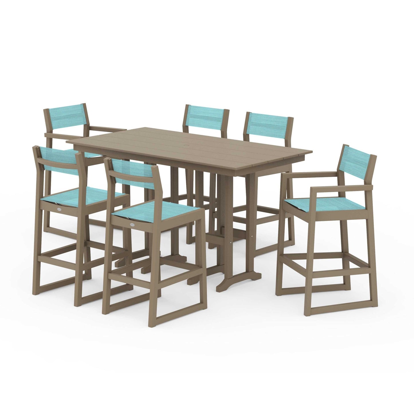 POLYWOOD EDGE Sling 7-Piece Farmhouse Bar Set — Vintage Sahara / Dupioni Aquamarine Sling