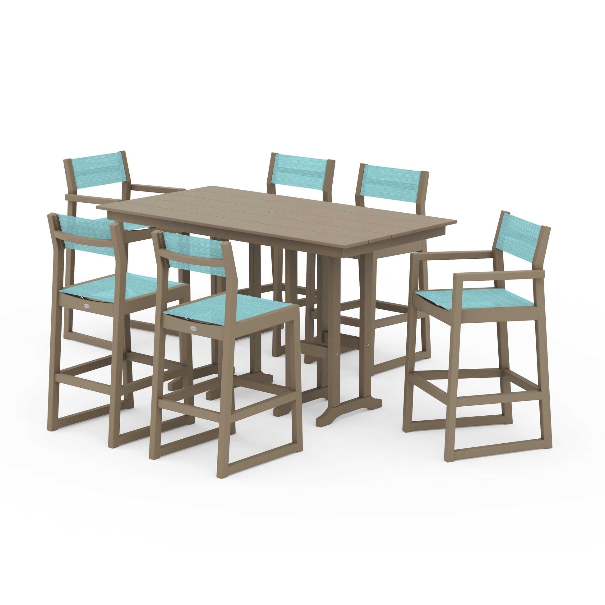 POLYWOOD EDGE Sling 7-Piece Farmhouse Bar Set — Vintage Sahara / Dupioni Aquamarine Sling