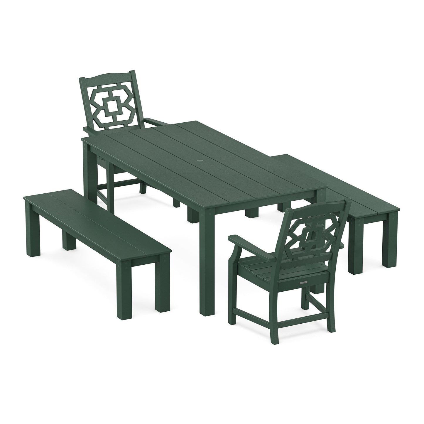 POLYWOOD Chinoiserie 5-Piece Parsons Dining Set with Benches — Green