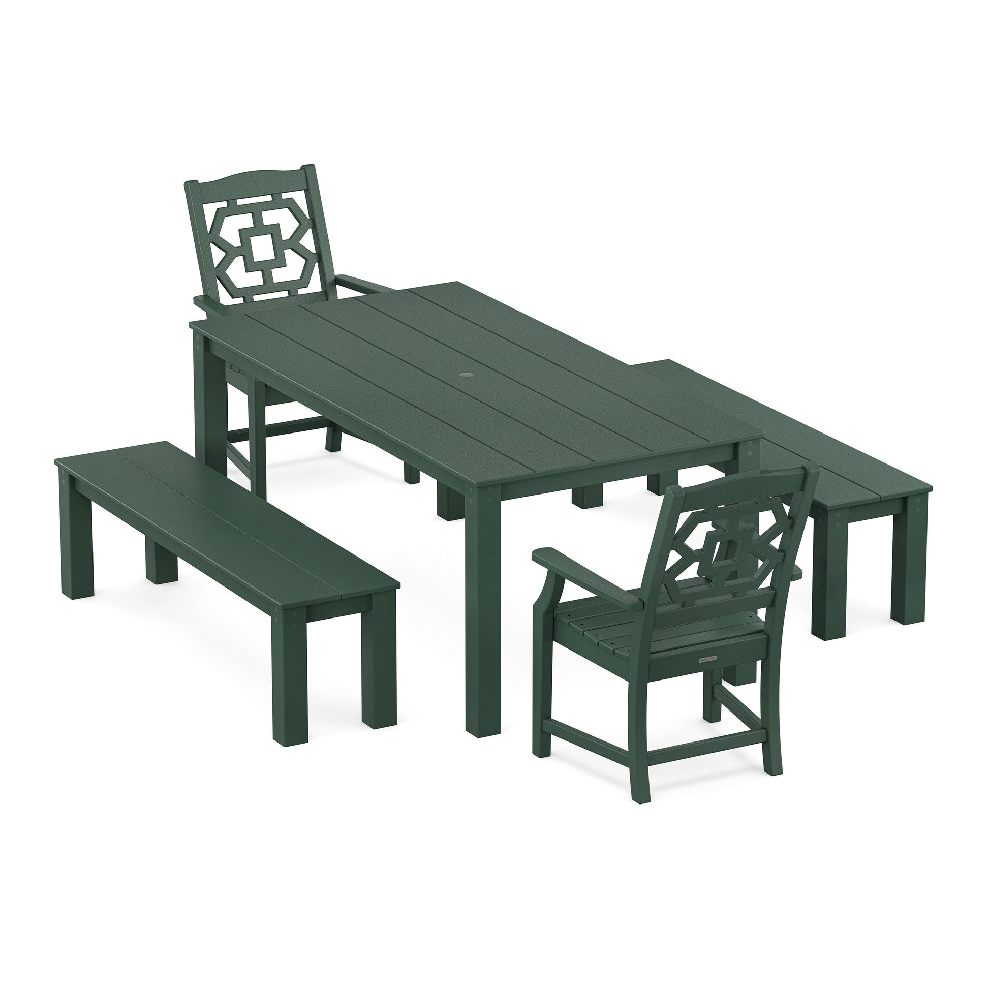 POLYWOOD Chinoiserie 5-Piece Parsons Dining Set with Benches — Green