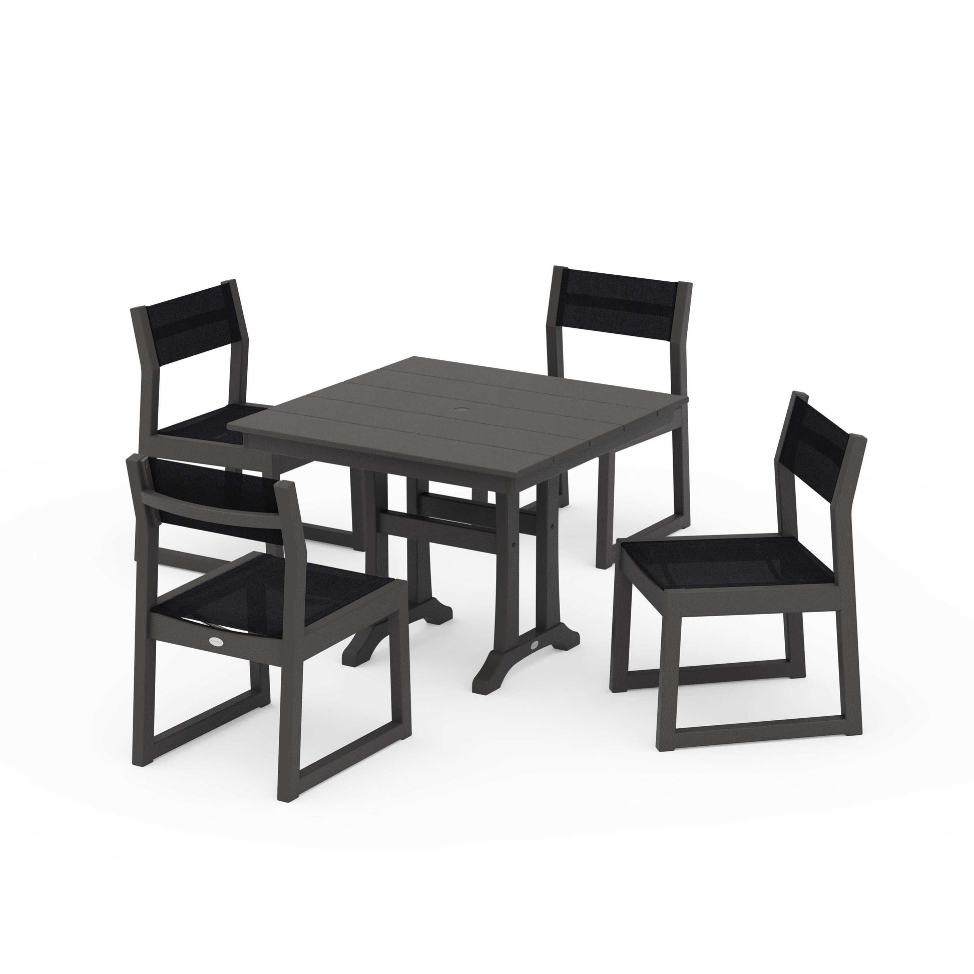 POLYWOOD EDGE Sling 5-Piece Farmhouse Trestle Side Chair Dining Set — Vintage Coffee / Black Sling