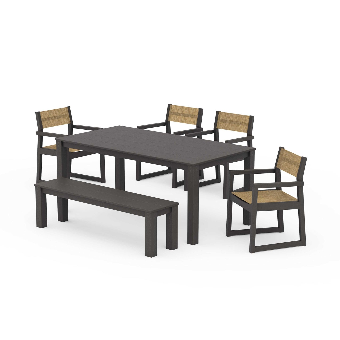 POLYWOOD EDGE Sling Arm Chair 6-Piece Parsons Dining Set with Bench — Vintage Coffee / Burlap Sling