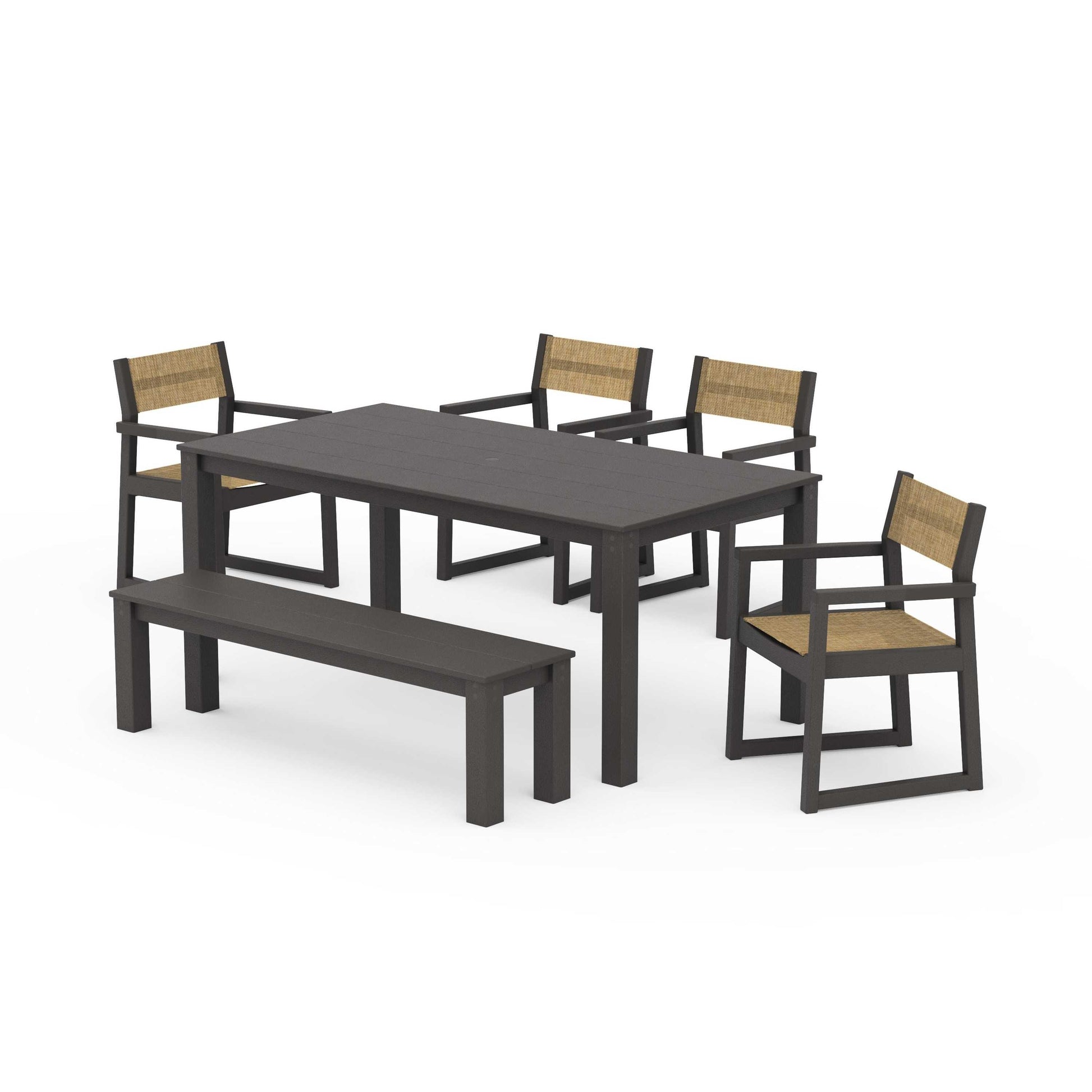 POLYWOOD EDGE Sling Arm Chair 6-Piece Parsons Dining Set with Bench — Vintage Coffee / Burlap Sling