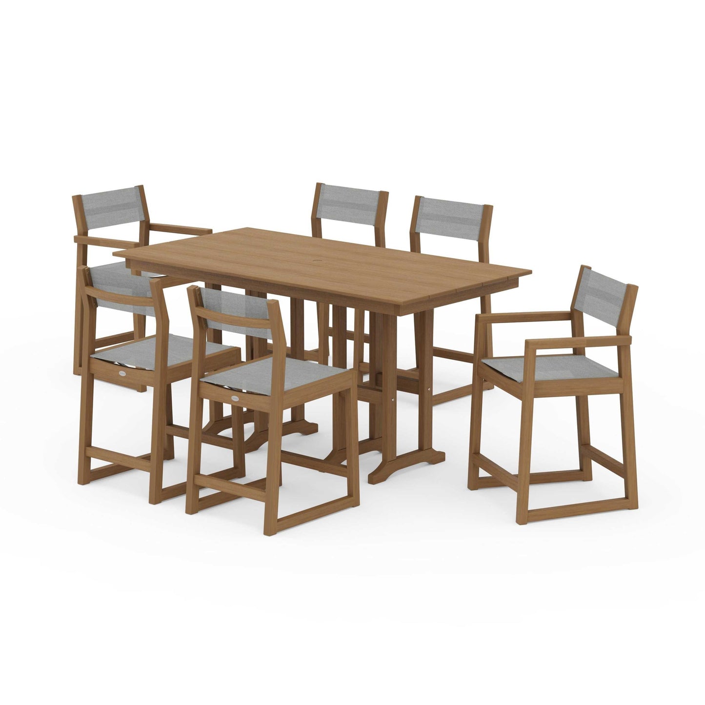 POLYWOOD EDGE Sling 7-Piece Farmhouse Counter Set with Trestle Legs — Natural / Metallic Sling