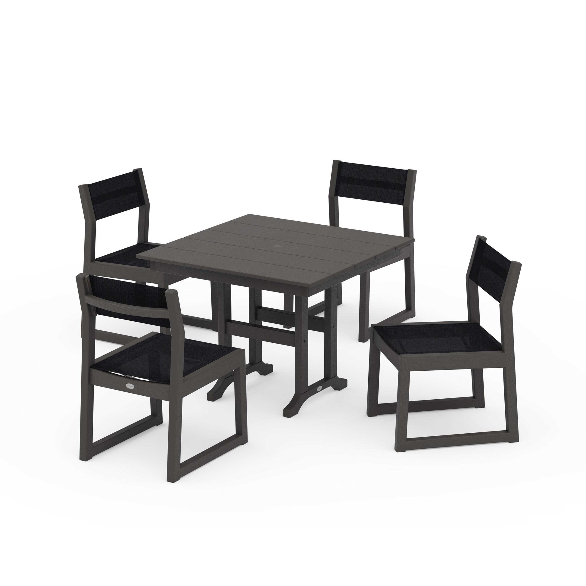 POLYWOOD EDGE Sling Side Chair 5-Piece Farmhouse Dining Set — Vintage Coffee / Black Sling