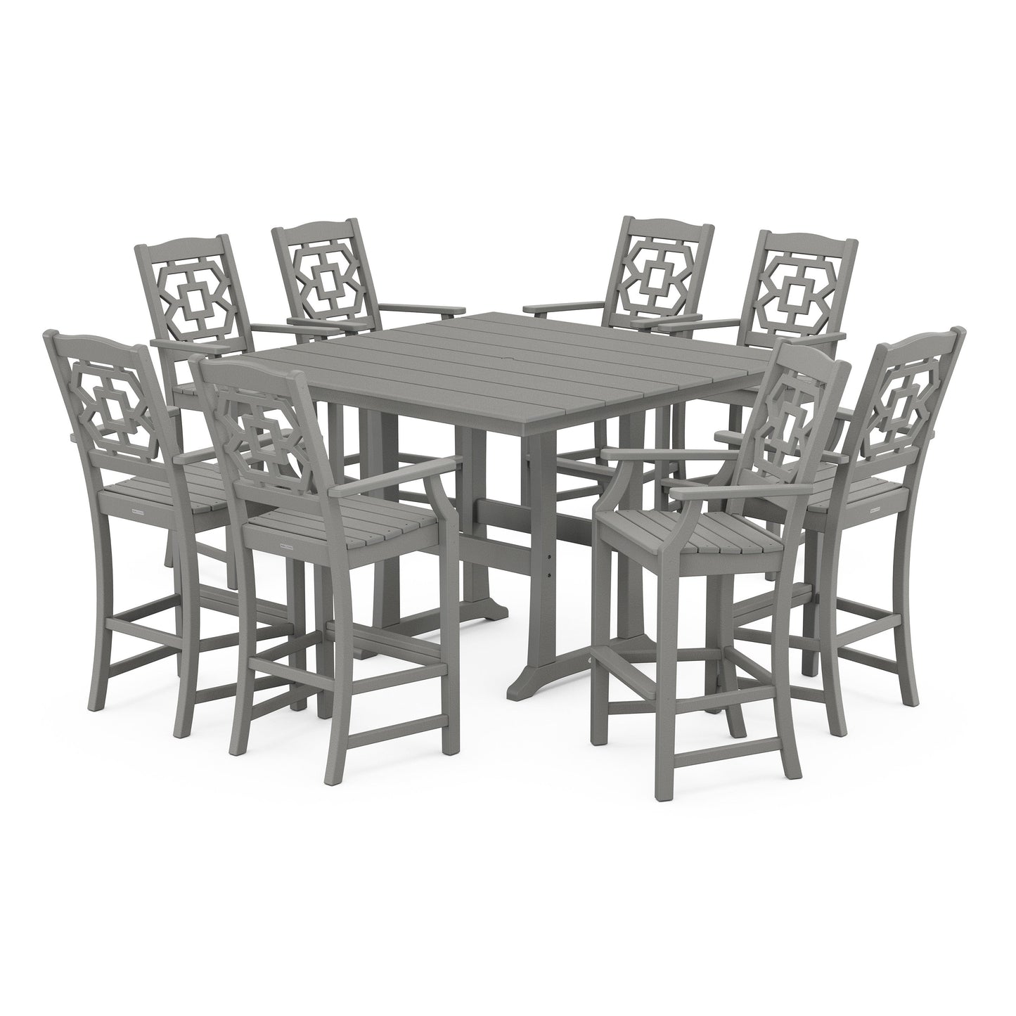 POLYWOOD Chinoiserie 9-Piece Square Farmhouse Bar Set with Trestle Legs — Slate Grey
