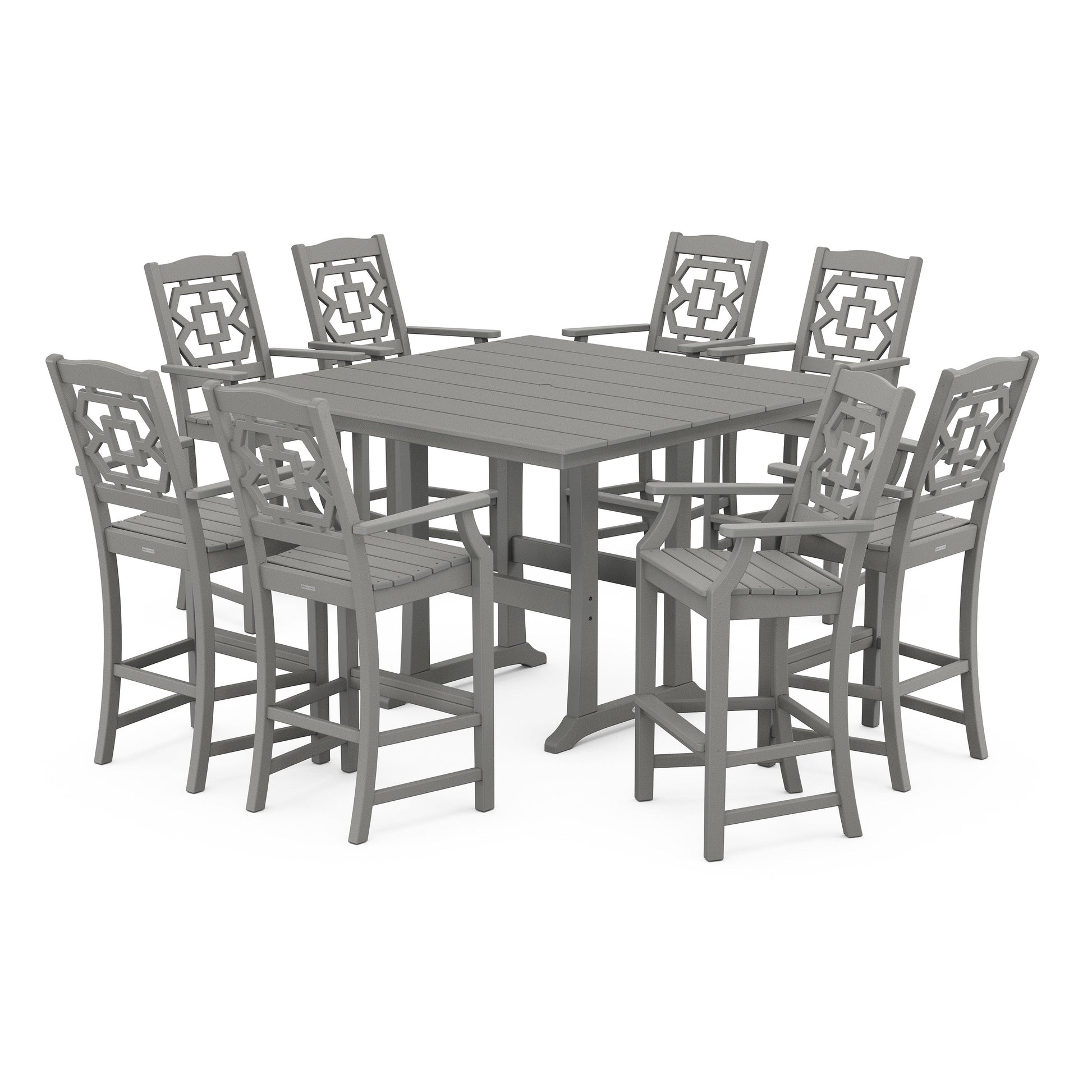 POLYWOOD Chinoiserie 9-Piece Square Farmhouse Bar Set with Trestle Legs — Slate Grey