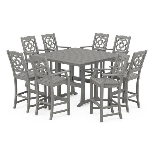 POLYWOOD Chinoiserie 9-Piece Square Farmhouse Bar Set with Trestle Legs — Slate Grey