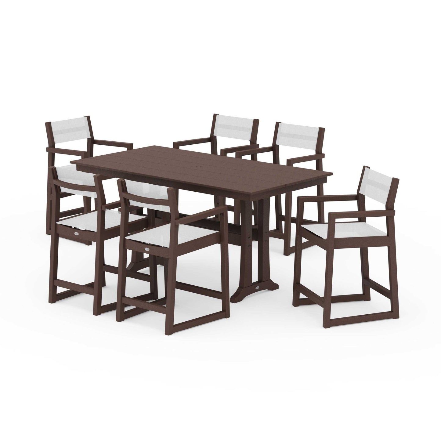 POLYWOOD EDGE Sling Arm Chair 7-Piece Farmhouse Counter Set with Trestle Legs — Mahogany / White Sling