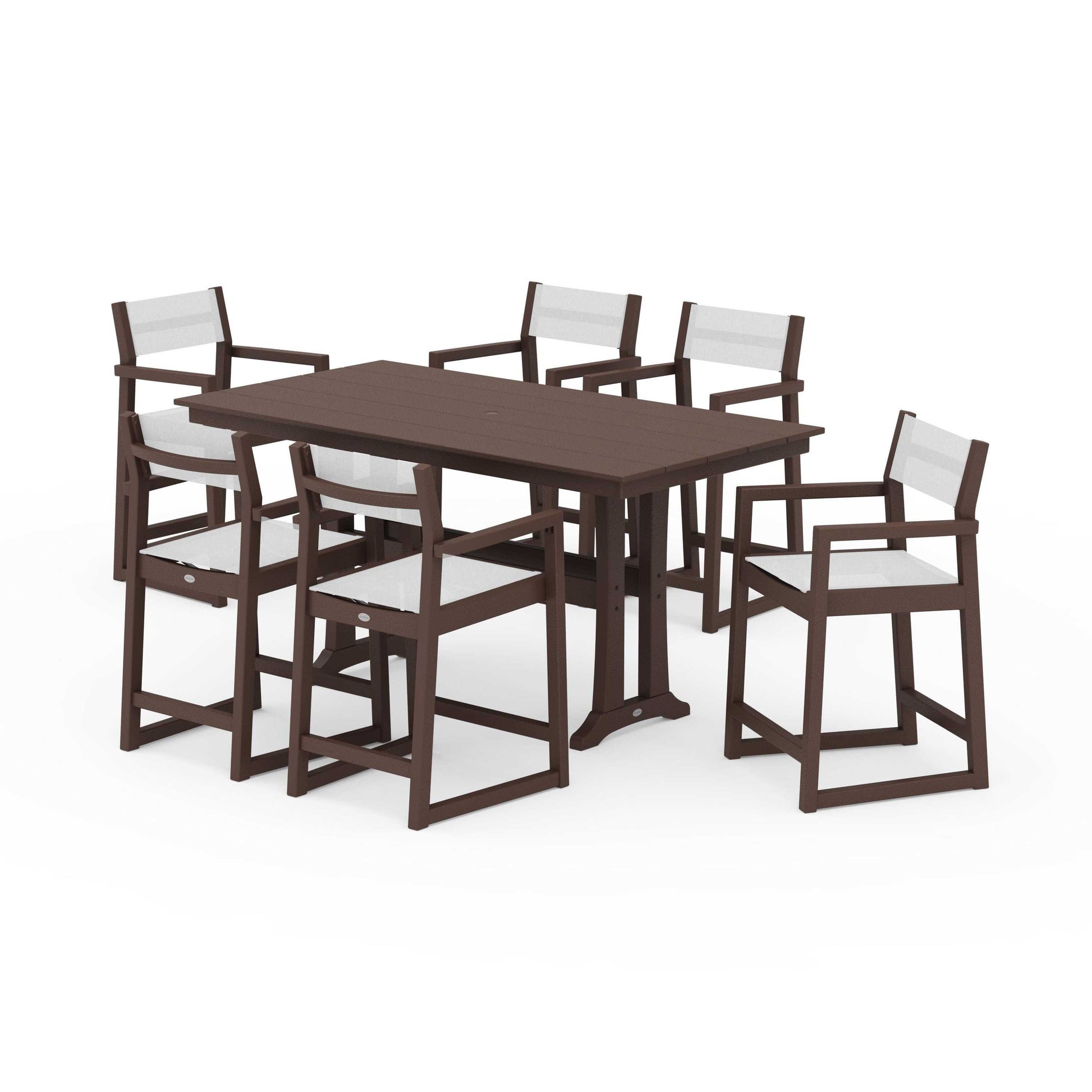 POLYWOOD EDGE Sling Arm Chair 7-Piece Farmhouse Counter Set with Trestle Legs — Mahogany / White Sling