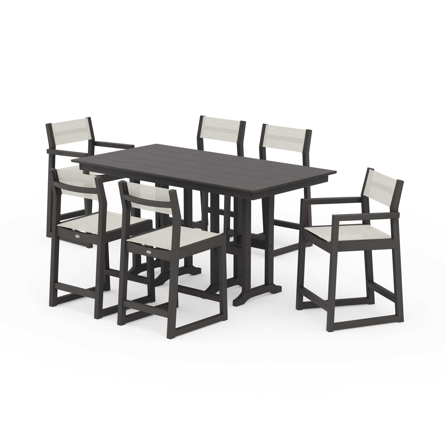 POLYWOOD EDGE Sling 7-Piece Farmhouse Counter Set with Trestle Legs — Vintage Coffee / Parchment Sling