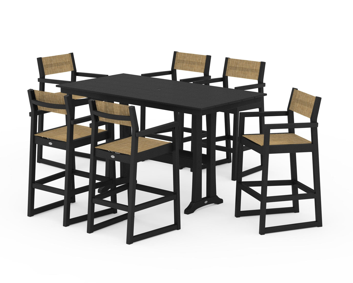 POLYWOOD EDGE Sling Arm Chair 7-Piece Farmhouse Bar Set with Trestle Legs — Black / Burlap Sling